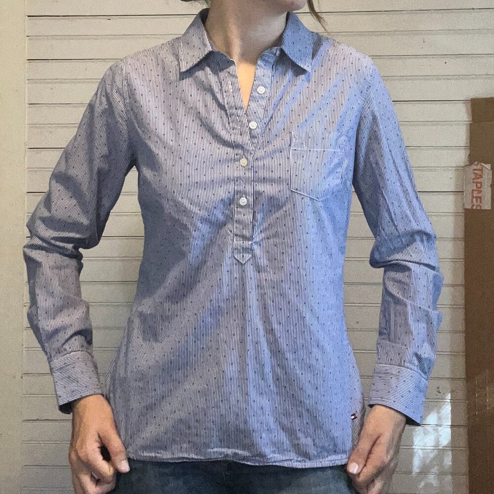 Small Tommy Hilfiger long sleeve half button blue striped dot pattern shirt